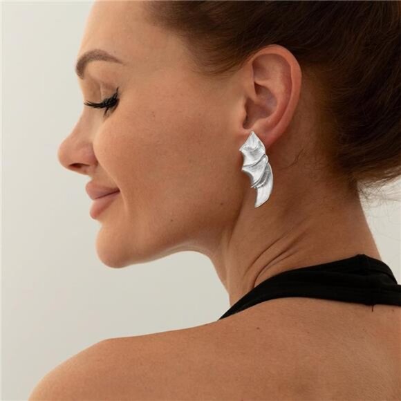 Gold Big Wavy Pleated Stud Earrings | Silver Irregular Geometric Statement - Picture 3 of 5